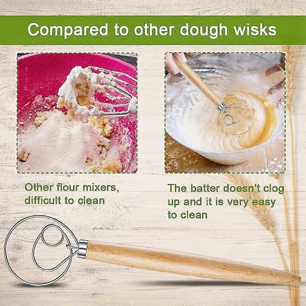 2 Pcs Danish Dough Whisk with one, Bread Mixer, Wooden Handle Dough Whisk and Bread Cutting