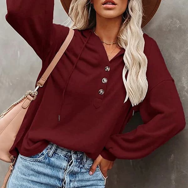 Damebluse med knapper, V-hals, langærmet, snøre, til kontor, træning, vinrød, XL