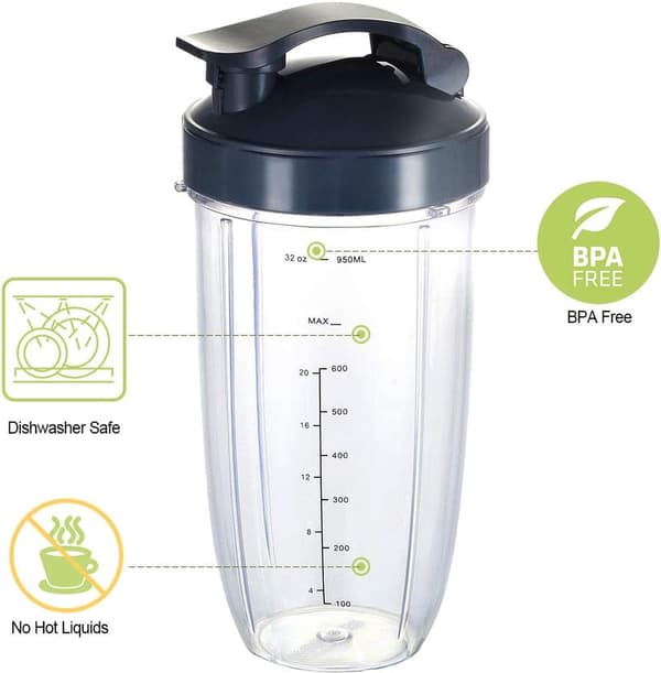 Blenderfæste, 6 dele, erstatningskopper til NutriBullet 600w/900w, 32oz/24oz med låg og pakning