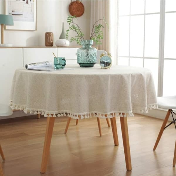 Rund duk ensfarget duk med dusker enkel duk beige 100CM