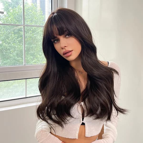 Long Brown Wigs with Bangs, Wavy Synthetic Wig for Women