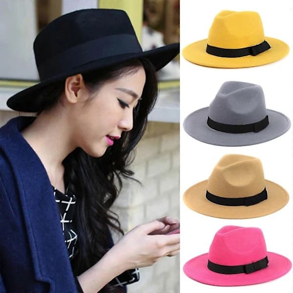 Elegant hatt for kvinner, sammenleggbar ullfilt Outback-hatt, britisk stil, hodeplagg med bred brem og belte, kaffe