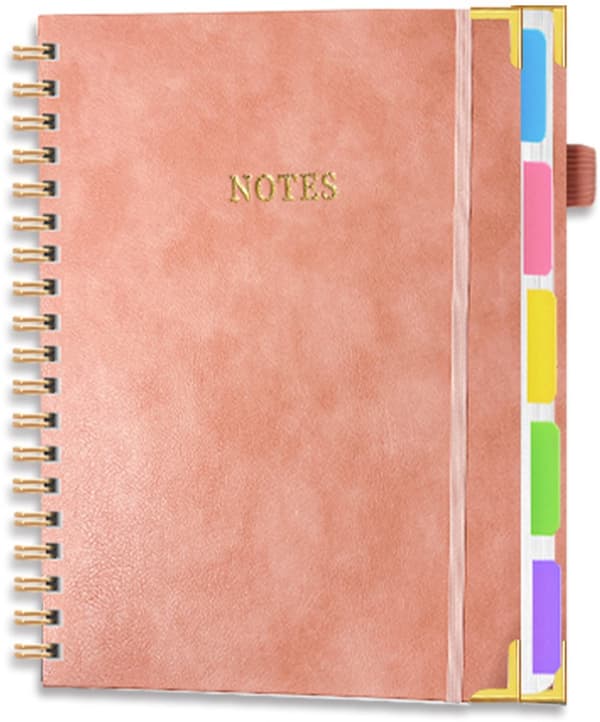 B5 Hardcover Spiral Notebook, 300 Pages, 5 Tab Dividers, 180° Flat for Work, School, and Notes, Pink Pink