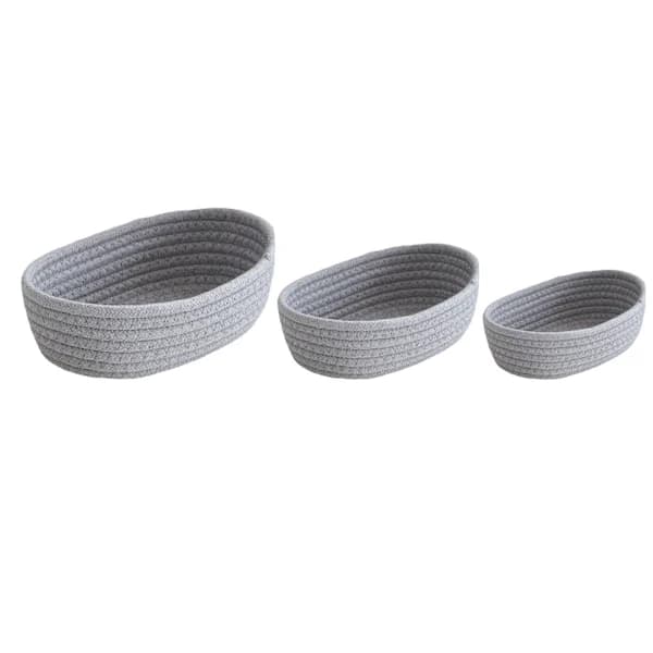 3-delt oval opbevaringskurv, håndvævet bomuldsreb organiseringssæt til makeup, snacks og legetøj, grå
