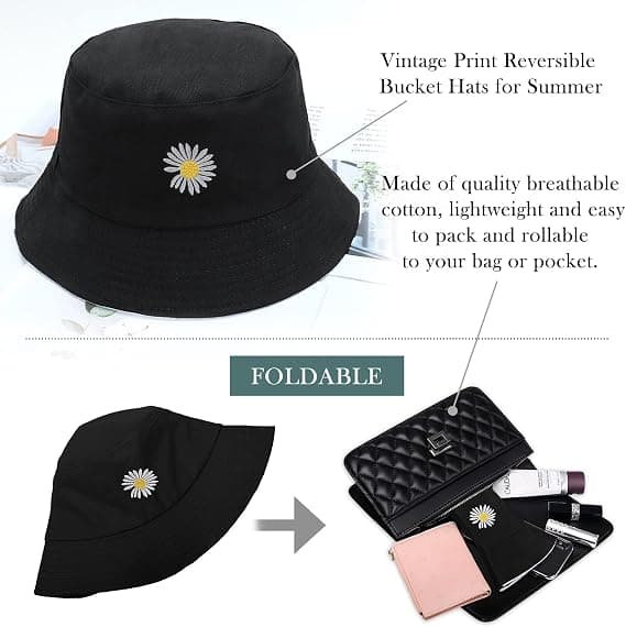 Damehatte - Daisy Broderi Bøllehat Dame Sommer Fiskehat Vendbar Bomulds Bølle Solhatte Foldbar Dobbeltsidet Hat