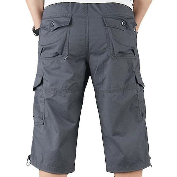 Mænd 3/4 Lange Elastiske Shorts Talje Cargo Combat Tre Kvart Bukser Mørkegrå XL