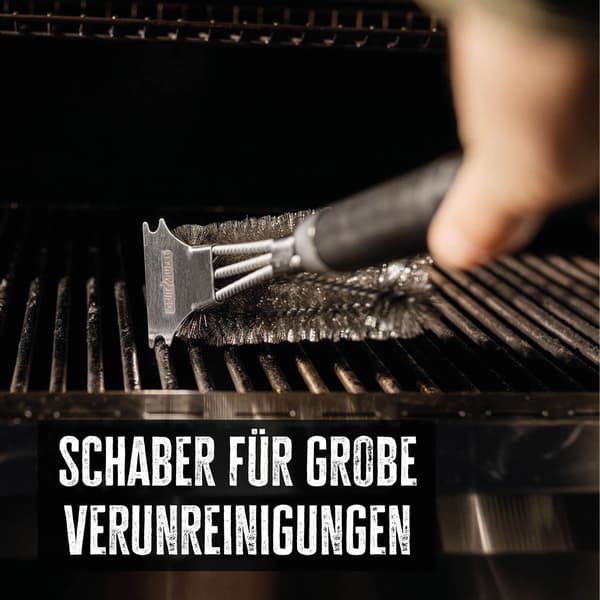 Premium grillbørste med rustfrie børster, 45 cm - for grillrister, grillristbørste med langt trippelbørstehode og skrape