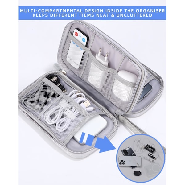 Vedenpitävä kaapelijärjestäjä matkoille, kannettava tarvikelaukku latureille, USB-muistille, SD-korteille ja adaptereille, harmaa Silver