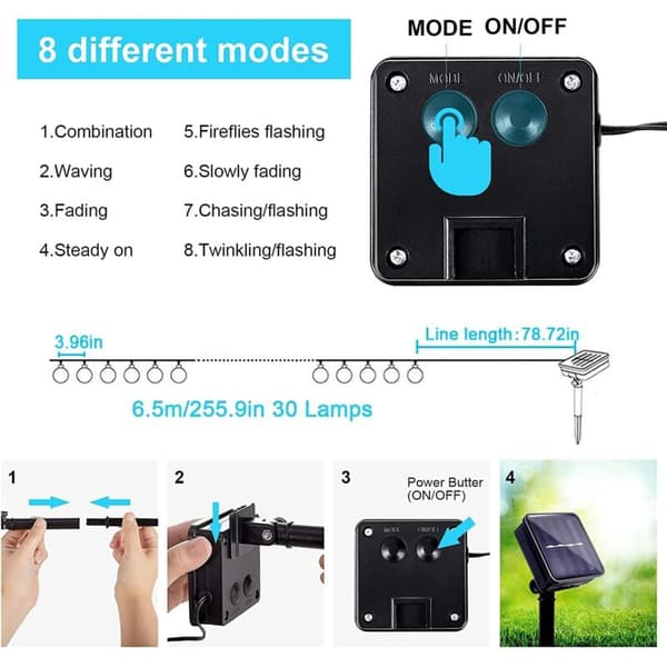 Solarslynge Hvit 6,5M 30 LED-lys 8 Lysmoduser Vanntett IP65 med Solcellepanel for Utendørs og Innendørs Dekor Juletrefest