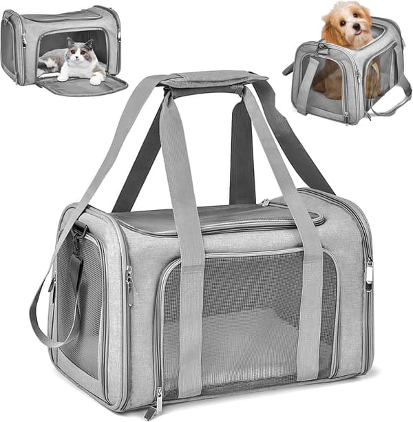 Foldbar og ventilerende udendørstaske til kat, hundebur med blød madras, tog-/biltur (grå, 45x30x30 cm)