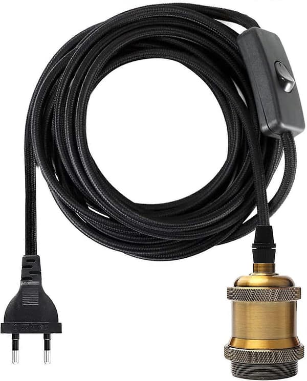 E27 fatning med afbryder, 1,2 meter stofkabel til pære/Edison retro pendellampe, lampeadapter vintage messing