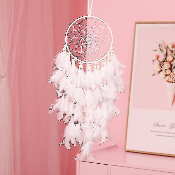LED Drømmefanger Veggdekor Hvit Fjær Drømmefanger Med Lys, Håndlaget Perle Boho Vevd Kunst Ornament