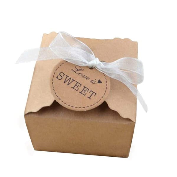 Kraft presentaskar + tyll, förpackning med 50 - 50 stycken, brun, 8x8cm - godislåda, jul, bröllop, fest, presentförpackning - kraft