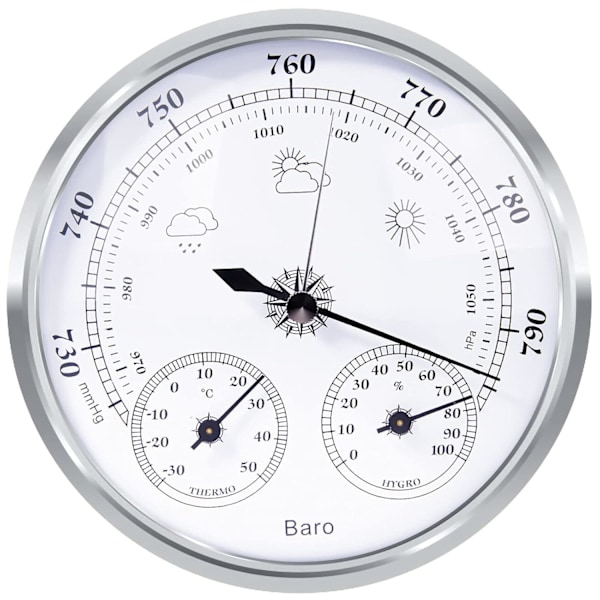 Analog værstasjon, barometer, termometer, hygrometer (Sølv, 128 mm) silver