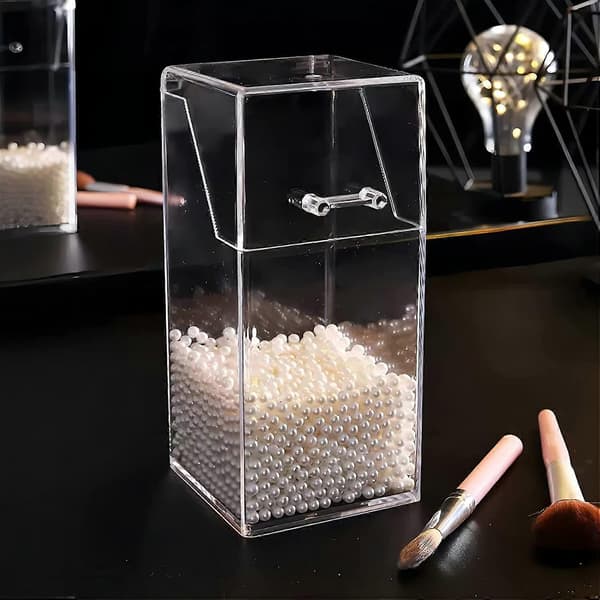 Makeup Brush Holder with Lid and Pearls Clear Cosmetic Brush Organizer Dustproof Makeup Storage Box (White, Small)