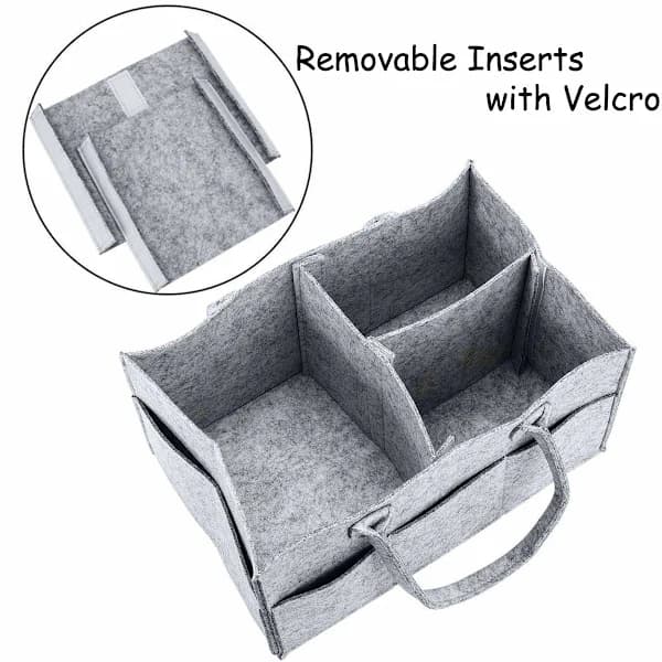 Baby Diaper Organizer, Foldable Felt Storage Basket for Nursery with Removable Compartments for Newborn Essentials, Light Grey