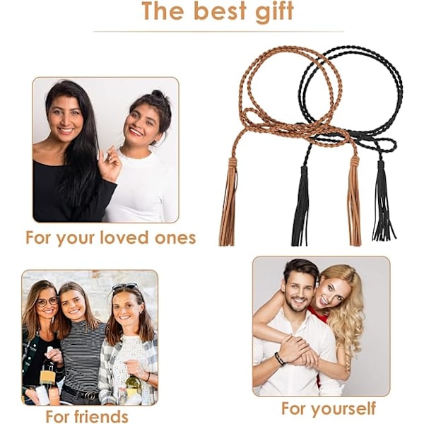 3-pack braided women's belts, thin fringe belts, solid color, adjustable