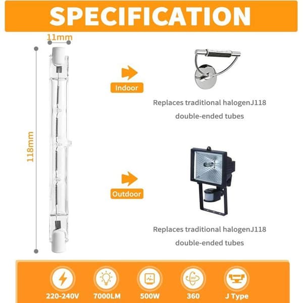 R7s Halogenpære, 118mm 500w R7s Halogenpære til Hjemmebelysning, Arbejde, Gulvlamper mv.