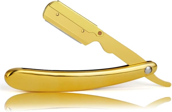 (Guld) Barberkniv med lige kant, høj kvalitet, foldbar