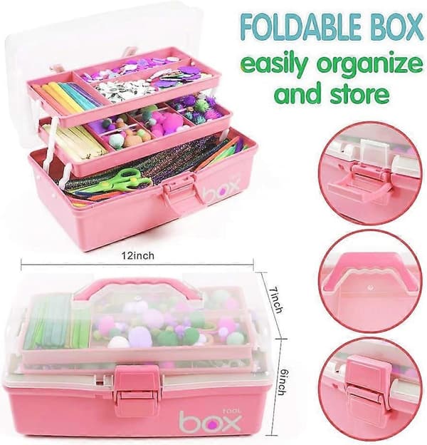2025 New Three-Layer Multifunctional Storage Box Organizer Foldable Toolbox/Art & Craft Box/Sewing Supplies Box with 2 Compartments (Pink)