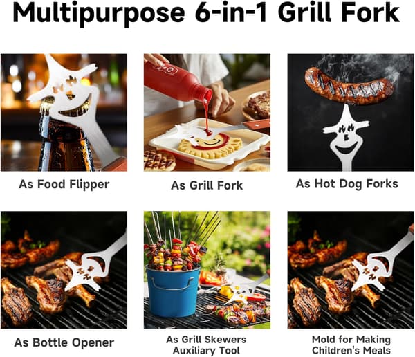 3-delt grill sæt i rustfrit stål med træhåndtag - med spatel, tang og gaffel i rustfrit stål
