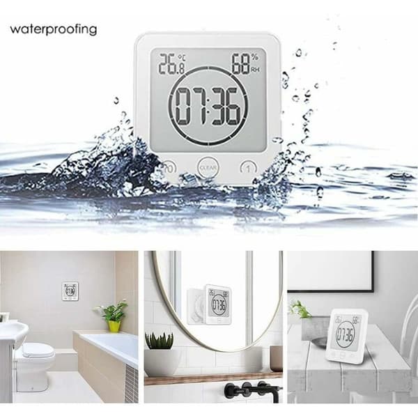 Badeværelsesbruseur, LCD digital alarm, termometer hygrometer, nedtællingstimer (hvid)