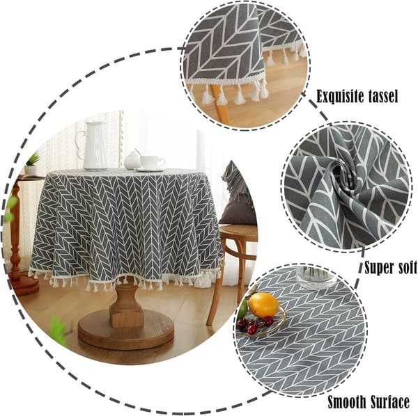 Round Tablecloth - Cotton Linen Striped Tassel Tablecloth - Washable Tablecloth