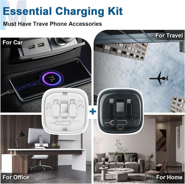 Multi-Charging Cable Storage Box, 3FT 60W Retractable USB C Cable and Adapter Set, Storage Case and SIM Card Removal Tool, White+Black