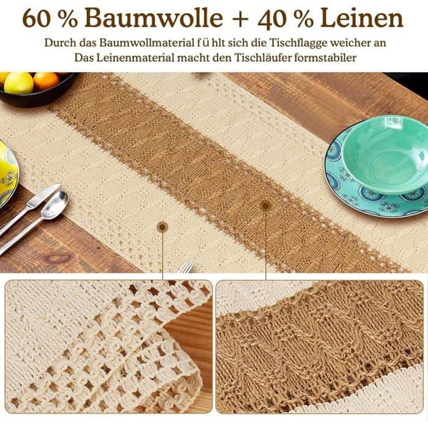 Bomuldslinnedug med kvaster, håndvævet bomuldsdug (beige, 30*180cm)