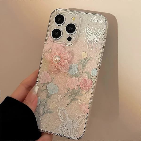 Blødt TPU 3D Rose Blomst Glitter Telefon Cover til iPhone 15 Pro