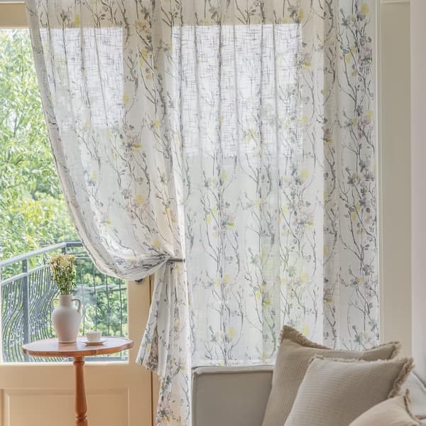 Gule Blomster Halvtransparente Gardiner Linnedtekstur til Stue 213 cm Lange 2 Paneler Stanglomme Tryk Sort Grå Blade Lys
