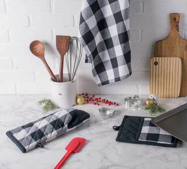Buffalo Plaid Køkkenhåndklæder, Klassisk Bondegårdskøkken Sæt, Grydelapper, Sort og Hvid, Sæt med 2
