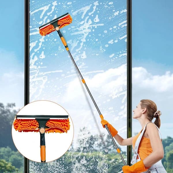 2-in-1 Window Squeegee with 4.5m Telescopic Handle, Microfiber Cleaner for High Windows, Car, Indoor Outdoor Shower, Grey gray