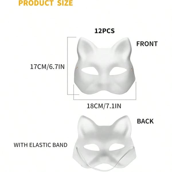 12-pak DIY Katte Ansigtsmasker, Hvide Papirmasker til Håndmaling, Karneval & Halloween
