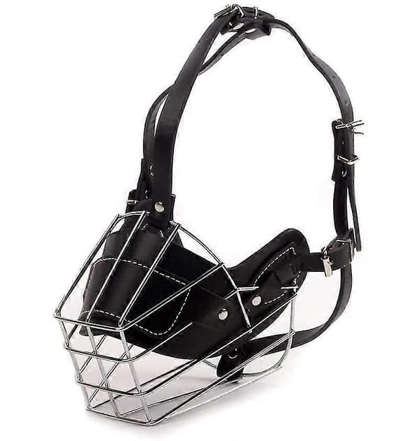 Dog Muzzle Metal Wire Basket Adjustable Leather Strap, XL