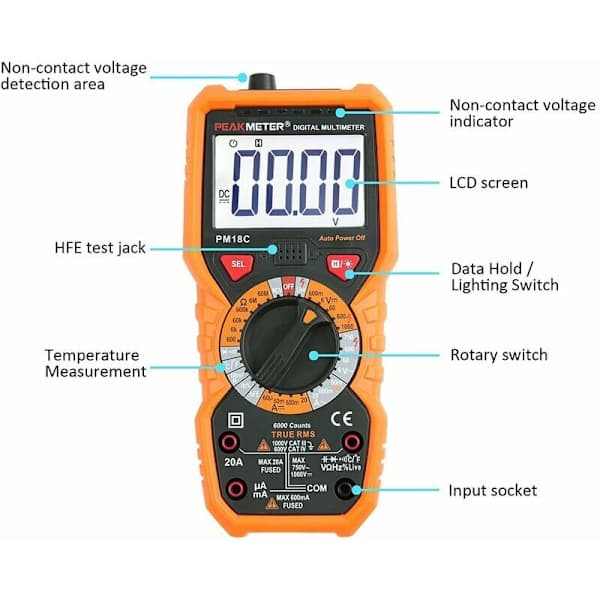 Digitalt multimeter PM18C – AC/DC automatisk tester, berøringsfri voltmeter, amperemeter, ohmmeter med baggrundsbelyst display
