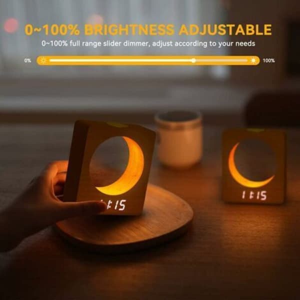 Solid Wood (Beech) Digital LED Alarm Clock with Night Light, 3 Alarm Settings, Temperature Detection