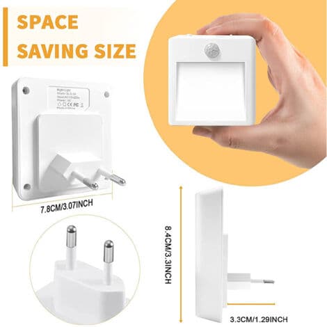 Set of 2 LED Night Lights with Motion Sensor - Dimmable 3500K - 4m Range, 120° Angle - Flame Retardant PC, Class A