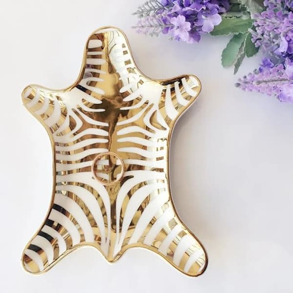 Zebra Stripe Jewelry Tray, Ceramic Plate, Gilded 15 cm, Gold