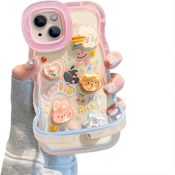 Compatible with iPhone Case, Cute Water Wave Frame 3D Bear Rabbit Stand Soft Shockproof Protective Phone Case (Pink, iPhone 15 Plus)
