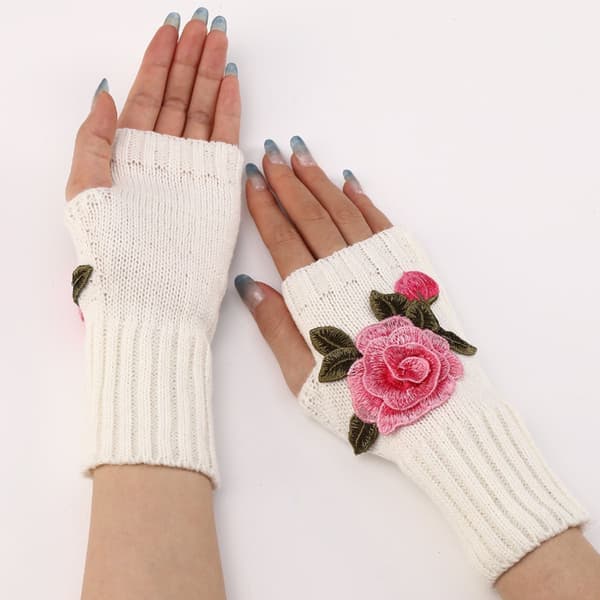 Vinterhansker uten fingre, halvfingerhansker, hvite + rosa blomst KLB