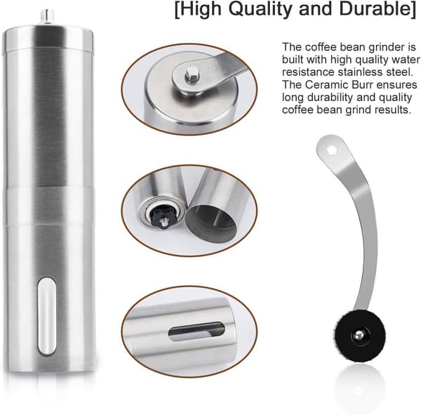 Manual Coffee Grinder - Stainless Steel Hand Grinder with Ceramic Burrs - With Adjustable Conical Ceramic Burrs - Manual Grinding