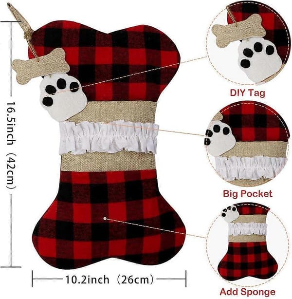 2 stk. julestrømper til kæledyrshunde, Buffalo Plaid julestrømper stor benform hængende kæledyrsstrømper - rød+brun