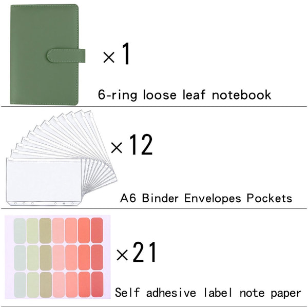 A5 PU-lædermappe, genopfyldelig 6-ringbind, prisvenlig mappe, A5 notesbogsmappe (uden foring) - Grøn