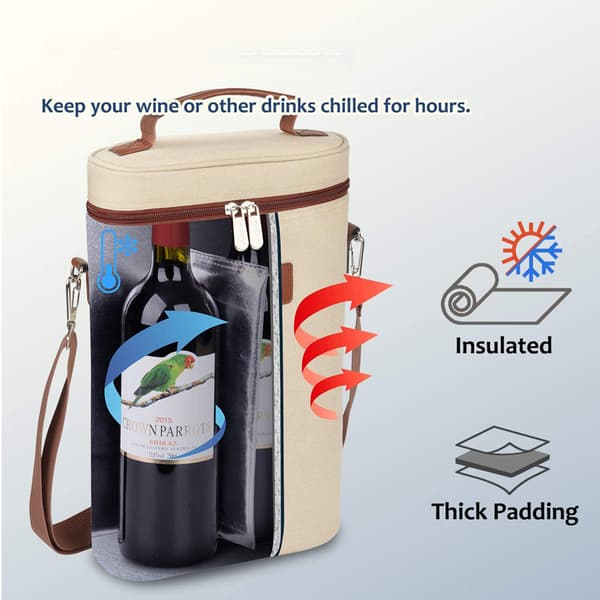Insulated Wine Cooler - 2 Bottle Travel Case Padded Wine Cooler with Handle and Adjustable Shoulder Strap for Wine Lovers