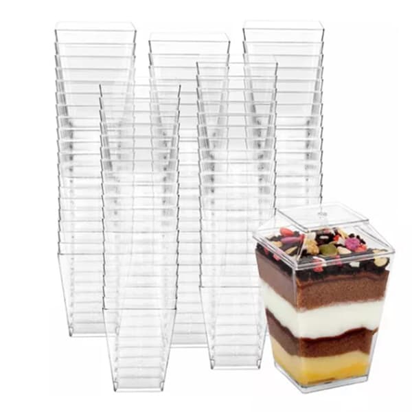Clear Dessert Cups with Lids, Reusable, Trapezoidal, Transparent, Easy to Clean, Parfait Appetizer Cup for Fruit Ice Cream