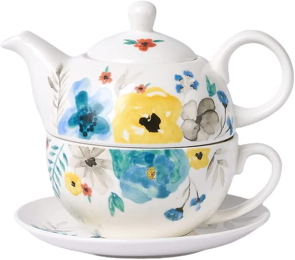 Porcelæn Te Til Én, Håndmalet Akvarel Blomstret Tekande Og Kop Sæt, Blomstrende Blomster