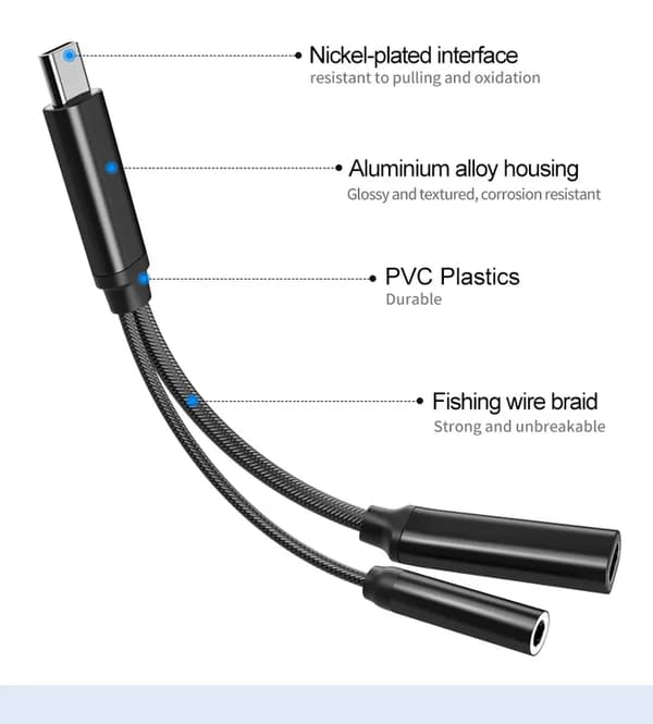 Black Braided USB-C Dual Port Multifunctional Compact Adapter Cable for Mobile Devices with USB-C Charging, Data Transfer, and 3.5mm Audio Jack
