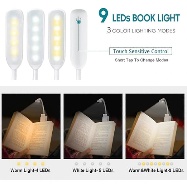 9 LED Leselys, Oppladbar Boklampe med 3 Lysmoduser (Kaldhvit/Varmgul) hvit