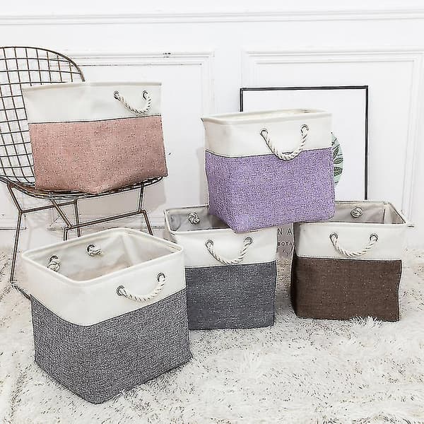 Foldable Storage Box with Linen Stitching Fabric Storage Basket, Storage Box with Cotton Rope Handles Storage Cube Storage Box (Beige Stitching Brown)